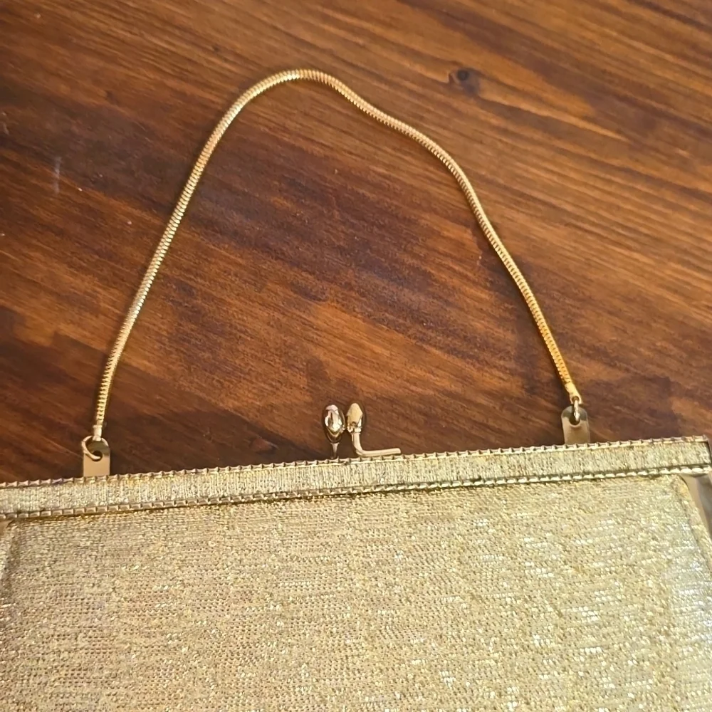 Vintage Gold Metallic Fabric Clutch Short strap Wristlet Retro PARTY Dance